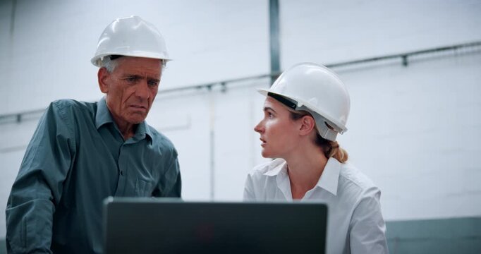 People, team and laptop at plant with discussion with stress, review or solution for engineering job. Man, woman and technician with report for feedback, frustrated and problem solving at warehouse