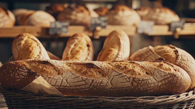 Long Baguette Loaf in a Wicker Basket at Bakery bread