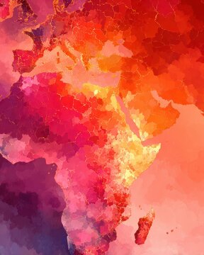 Conceptual Geopolitical Heat Map of Europe, Africa & Middle East. Abstract art illustrating global warming, political crisis, and fractured international relations.