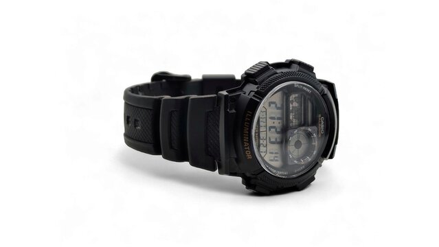 Photo of a black Casio Illuminator (AE-1000W-1AV) digital wristwatch with a rugged black resin strap, featuring world time and a 10-year battery life.