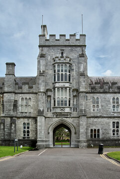 Stone archway and Gothic Revival facade of the Main Quadrangle at University College Cork, UCC, Cork City, County Cork, Ireland.