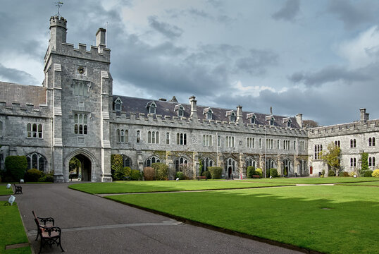 Wide view of the historic Tudor Gothic Main Quadrangle and courtyard at University College Cork, UCC, Cork City, County Cork, Ireland, Europe.