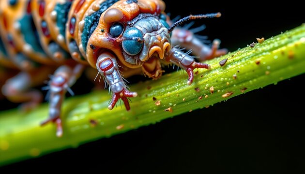 The image features a close up view of a vibrant caterpillar perched on a green plant stem