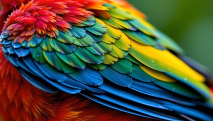 Obraz premium The image features a close up of a colorful bird's feathers, showcasing a vibrant array of hues including red, orange, yellow, green, blue, and hints of purple