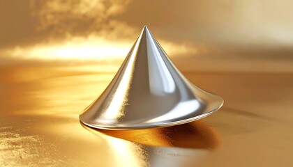 Fototapeta premium Shiny Metallic Cone on Golden Reflective Surface.