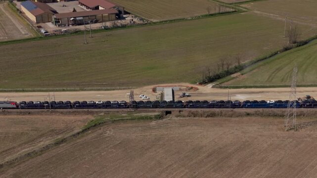 Aerial View Freight Train Transporting New Cars