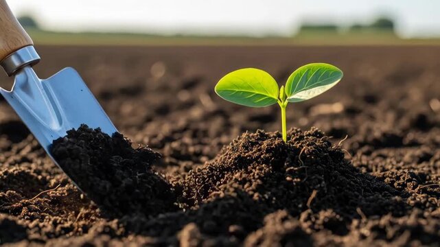 Closeup sequence of a small green seedling being planted with a metal trowel in rich soil, showing gardening growth and careful planting action