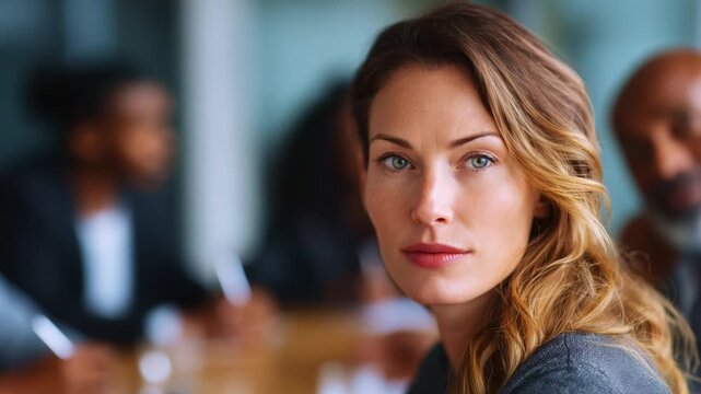 Focused Woman in Meeting Setting with Attentive Expression, Surrounded by Discussing Colleagues in a Professional Environment