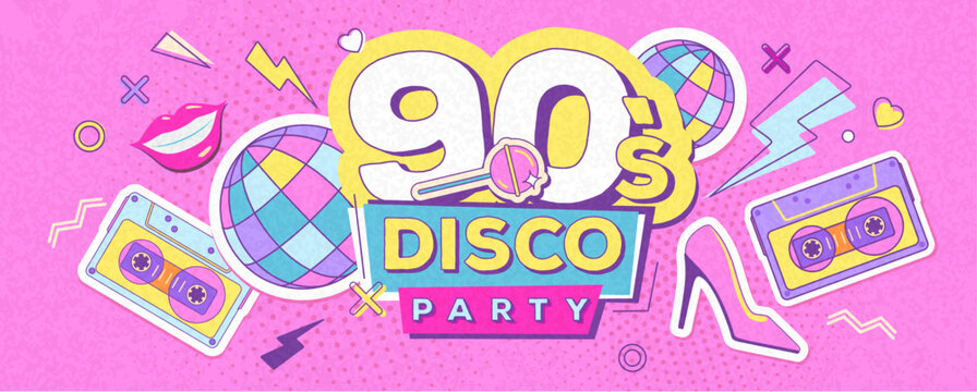 Retro disco poster or banner of 80s-90s with audio cassettes, disco ball, chupa chups, high heels and smiling lips. Memphis style background. Vector illustration