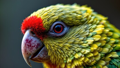 The image features a close up of a colorful bird with vibrant yellow and green feathers covering most of its face and body