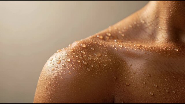 Close up of wet skin with water droplets on shoulder and collarbone under soft lighting