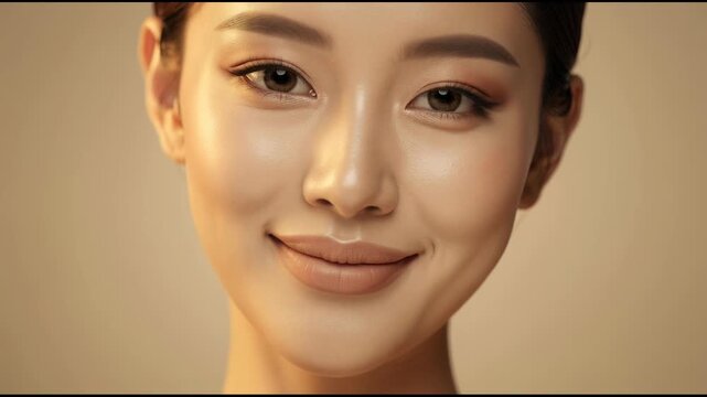 Close up portrait of a smiling young Asian woman with flawless skin and natural makeup against beige background