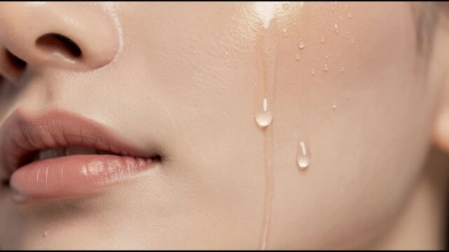 Close up of smooth skin with natural makeup and water droplets on face highlighting fresh and healthy complexion