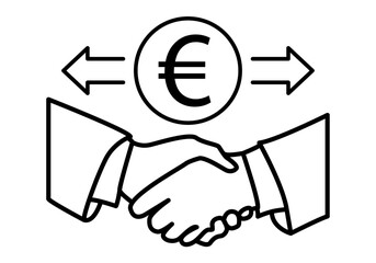 Icono lineal de un apretón de manos con el símbolo del euro y flechas que representan un acuerdo comercial o transacción financiera