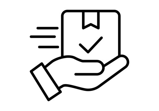 Icono lineal de una mano sujetando un paquete con una marca de verificaci&oacute;n que simboliza una entrega confirmada y r&aacute;pida