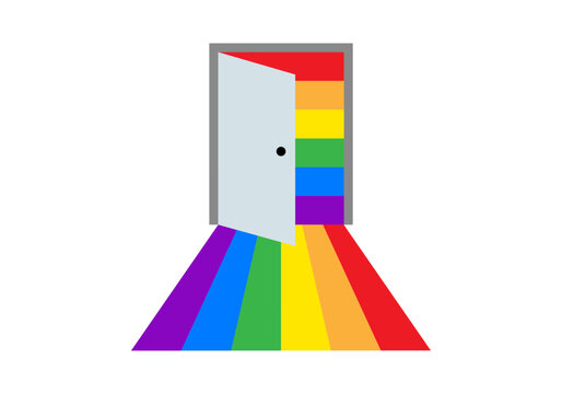 Puerta abierta que revela un camino con los colores del arco&iacute;ris simbolizando la salida del armario y la libertad lgbtq