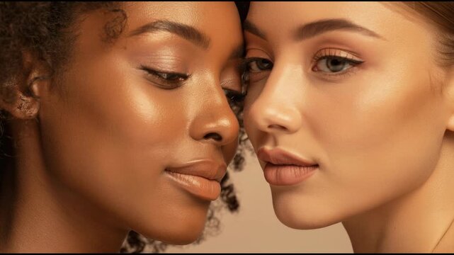 Close up portrait of two diverse women with glowing skin embracing beauty and friendship