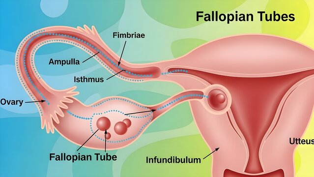 Colorful labeled diagram of the female reproductive system focusing on fallopian tubes, showing fimbriae, infundibulum, ampulla, isthmus, ovary and uterus, illustrating the pathway an egg travels from