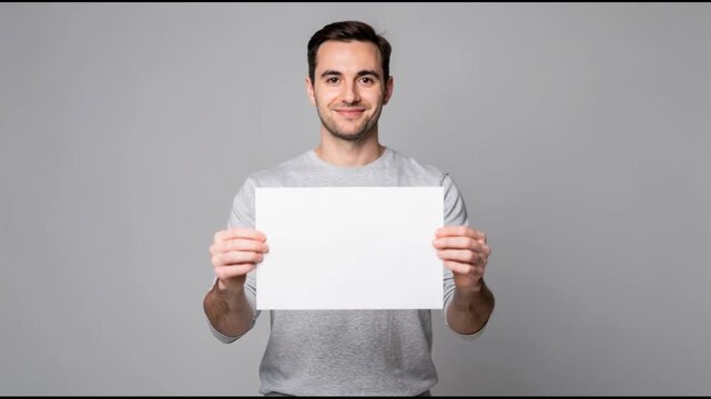 Smiling young man holding blank white paper in front of gray background for message or advertisement