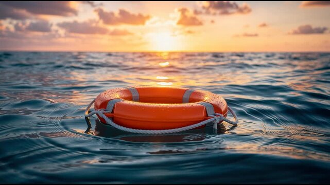 Orange lifebuoy floating on ocean water at sunset safety and rescue concept