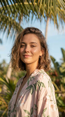 Young adult woman portrait standing outdoor looking calm and relaxed with tropical nature background featuring palm tree leaf during warm sunny summer vacation trip enjoying peaceful environment