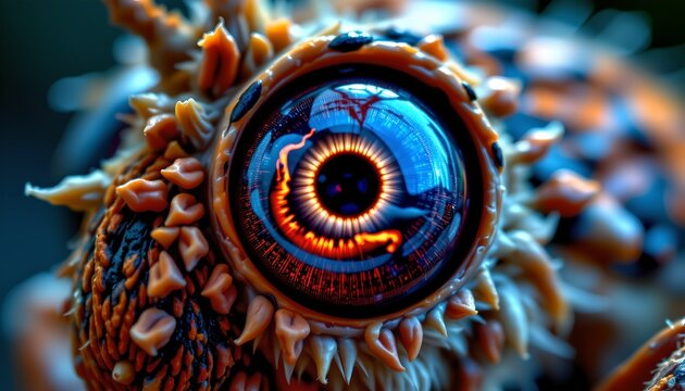 The image features a highly detailed and close up view of a large, striking eye with a vibrant, intricate iris that appears to have a digital or mechanical pattern within it