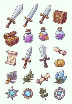 Illustrations of RPG item sets (games, fantasy, icons, weapons)