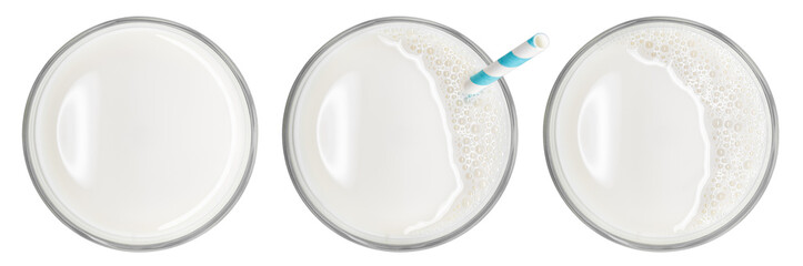 Naklejka premium Milk glass collection isolated PNG on transparent background. From top view