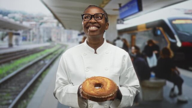 Young woman chef holding cake with hands on train station platform, smiling while looking up; pride celebration.