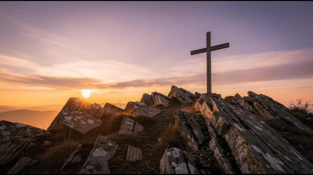 Sunset over rocky mountain summit with wooden cross and beautiful colorful sky landscape