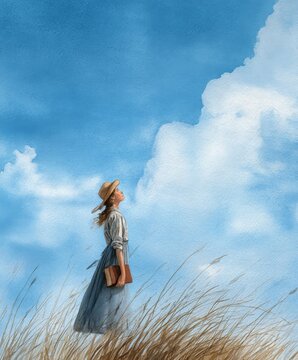 watercolor illustration of a young amish woman looking at the sky, a book in her hand