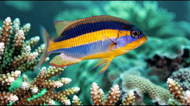 Colorful tropical fish swimming near coral reef underwater in clear ocean water