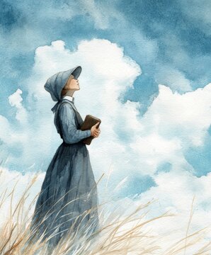 watercolor illustration of a young amish woman looking at the sky, a book in her hand