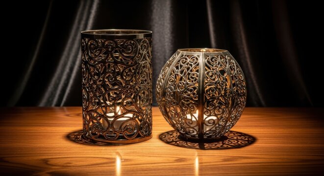 Ornate Metal Candle Holders with Intricate Filigree Designs Casting Warm Ambiance
