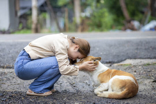 Young woman showing deep affection and caring emotion by hugging brown stray dog on street corner outdoor. They share sweet touching moment of pure compassion and love