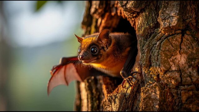 Close up of a small bat peeking from tree hollow in natural forest environment at sunset