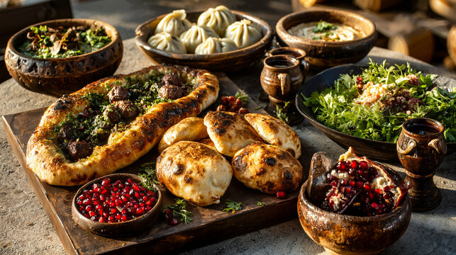 Georgian Supra Feast Table with
Khachapuri and Khinkali Flat Lay on Stone