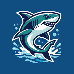 Fototapeta premium This dynamic illustration of a shark leaping out of ocean waves captures the fierce beauty of marine life and invokes a sense of adventure and thrill in underwater exploration.