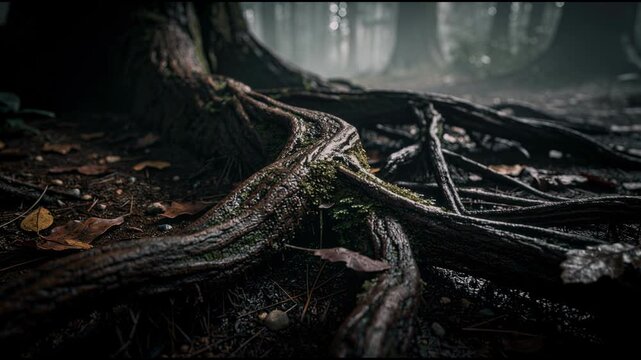 Close up of wet tree roots on forest floor with fallen leaves and misty background in nature
