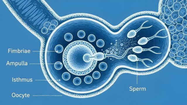 Microscopic illustration of fertilization in the fallopian tube ampulla showing fimbriae, ampulla, isthmus, surrounding follicles, oocyte and sperm cells penetrating the egg, depicting the precise sit