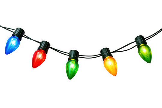 String of colorful light bulbs, christmas decoration lights as isolated on transparent background