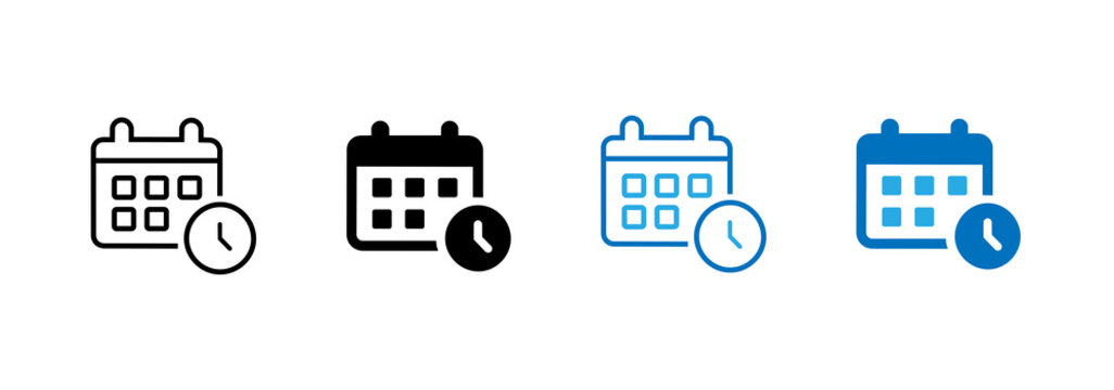 Set of calendar icons with clocks. Outline and filled symbols. Symbols for scheduling, time management, and deadlines. Suitable for business planning, appointments, and reminders