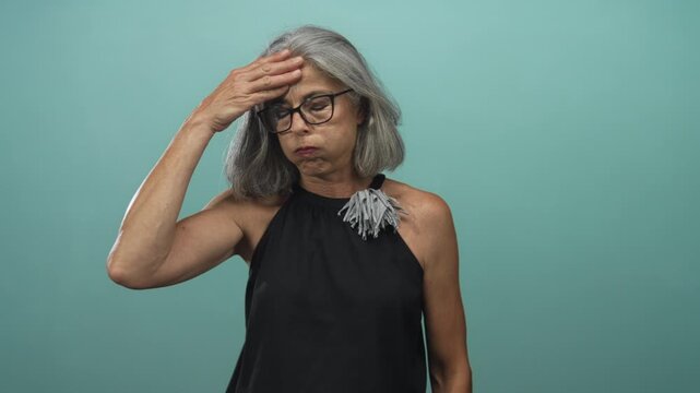 Woman with grey hair and glasses wearing a sleeveless black halter top, touching her forehead for headache in a teal studio; fatigue.