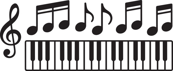 Music notes, piano keys, treble clef, black and white vector illustration, musical symbols © Jihadul