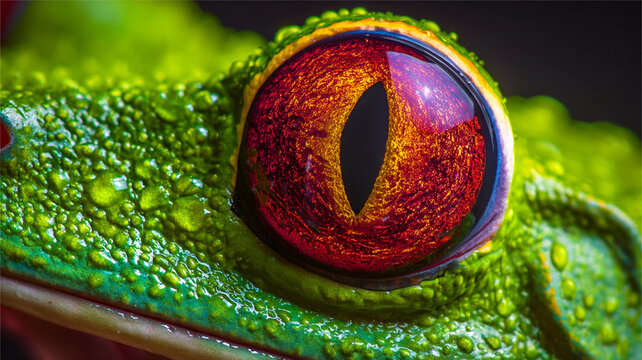 Vibrant macro shot of a Red-Eyed Tree Frog eye with striking bright red color.