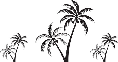 Fototapeta premium Black palm tree icons, tropical vector graphics, palm tree silhouettes, black and white illustrations