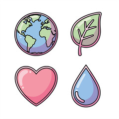 Obraz premium Set of four eco-friendly icons Earth, leaf, heart, and water droplet, representing nature, love, and conservation