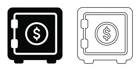 Bank safe box icon set with dollar coin symbol representing financial security and wealth protection   black silhouette and line art version © Sandaruwan