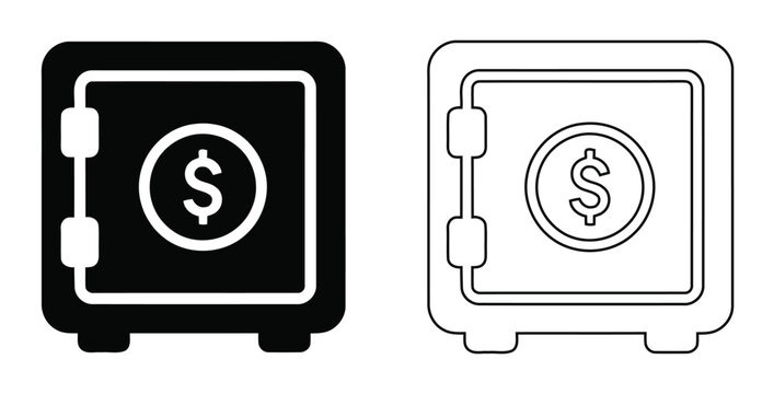 Bank safe box icon set with dollar coin symbol representing financial security and wealth protection | black silhouette and line art version