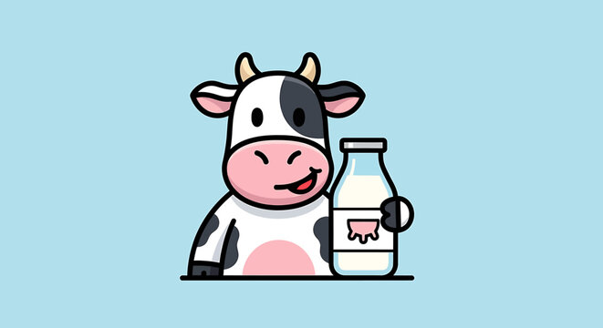 Cute cartoon cow with milk bottle.